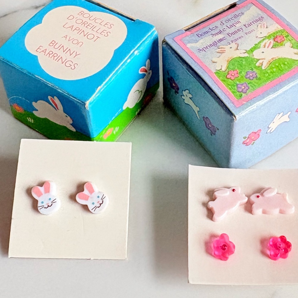 Vintage Avon Easter Bunny Earrings Lot NIB Rabbit Flower Spring Pierced Studs